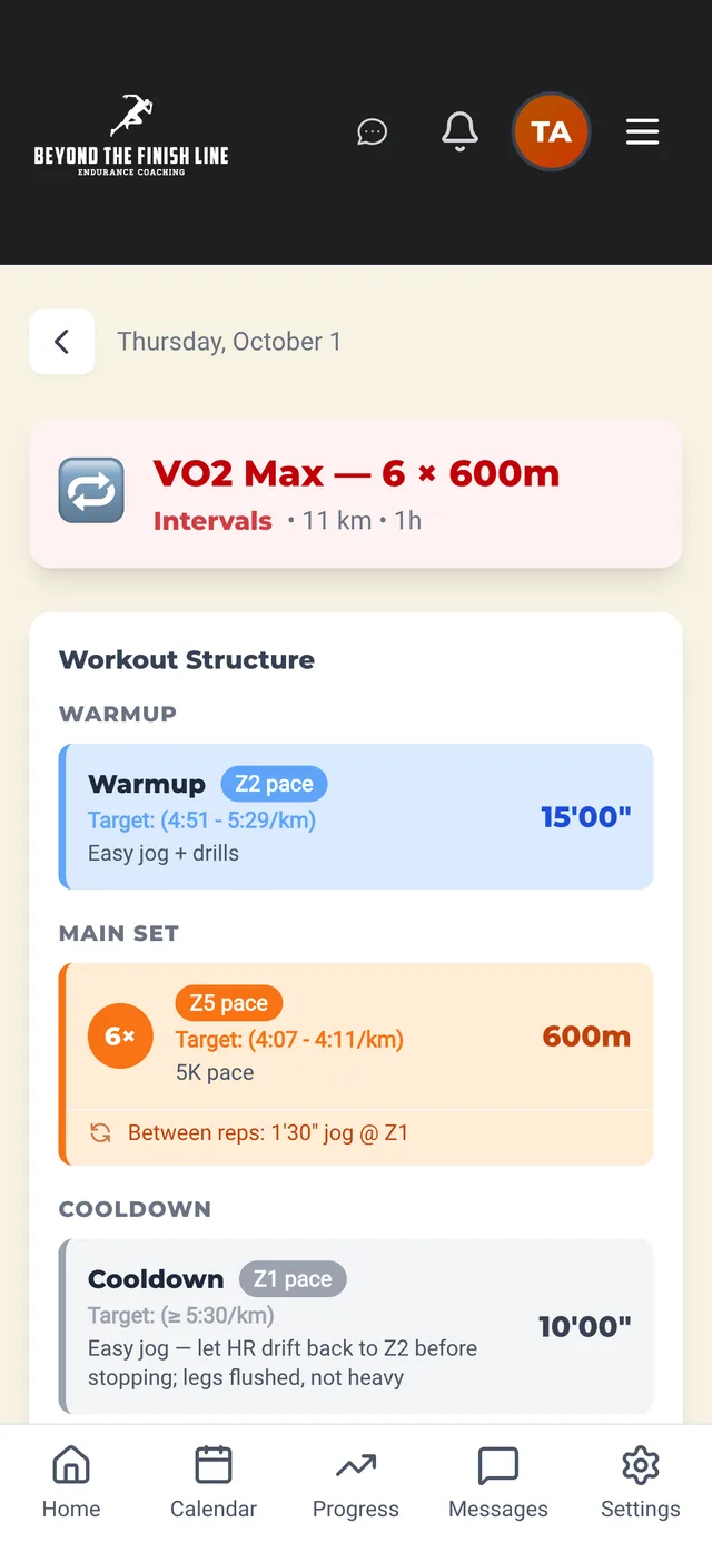Thursday's session open on the phone: a VO2 max workout of six 600 metre intervals, with a 15 minute warm-up, target paces for every step and the coach's notes on how each one should feel.