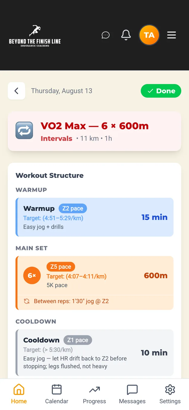 Thursday's session open on the phone: a VO2 max workout of six 600 metre intervals, with a 15 minute warm-up, target paces for every step and the coach's notes on how each one should feel.
