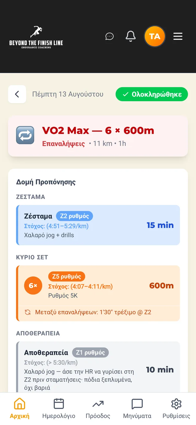 Η προπόνηση της Πέμπτης ανοιχτή στο κινητό: προπόνηση VO2 max με έξι επαναλήψεις των 600 μέτρων, προθέρμανση 15 λεπτών, ρυθμούς-στόχους σε κάθε βήμα και τις σημειώσεις του προπονητή για το πώς πρέπει να νιώθει η καθεμία.